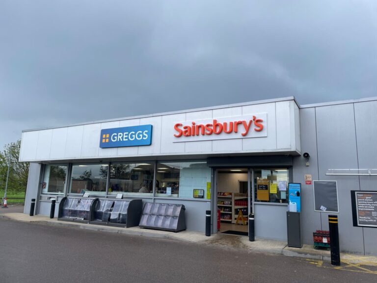 Sainsbury's petrol station in Biggleswade with Greggs branding