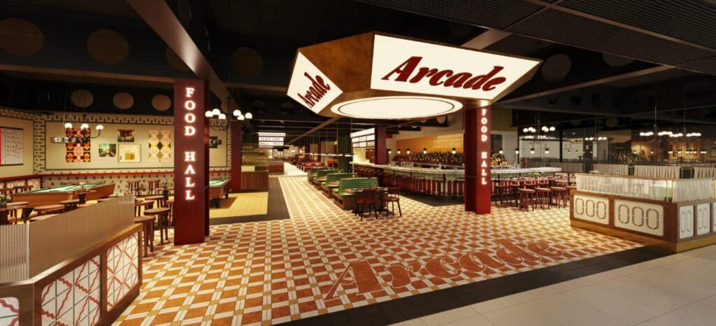 An interior shot of Arcade Food Hall