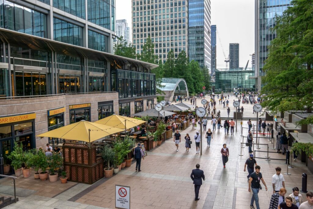 An open shopping plaza in London